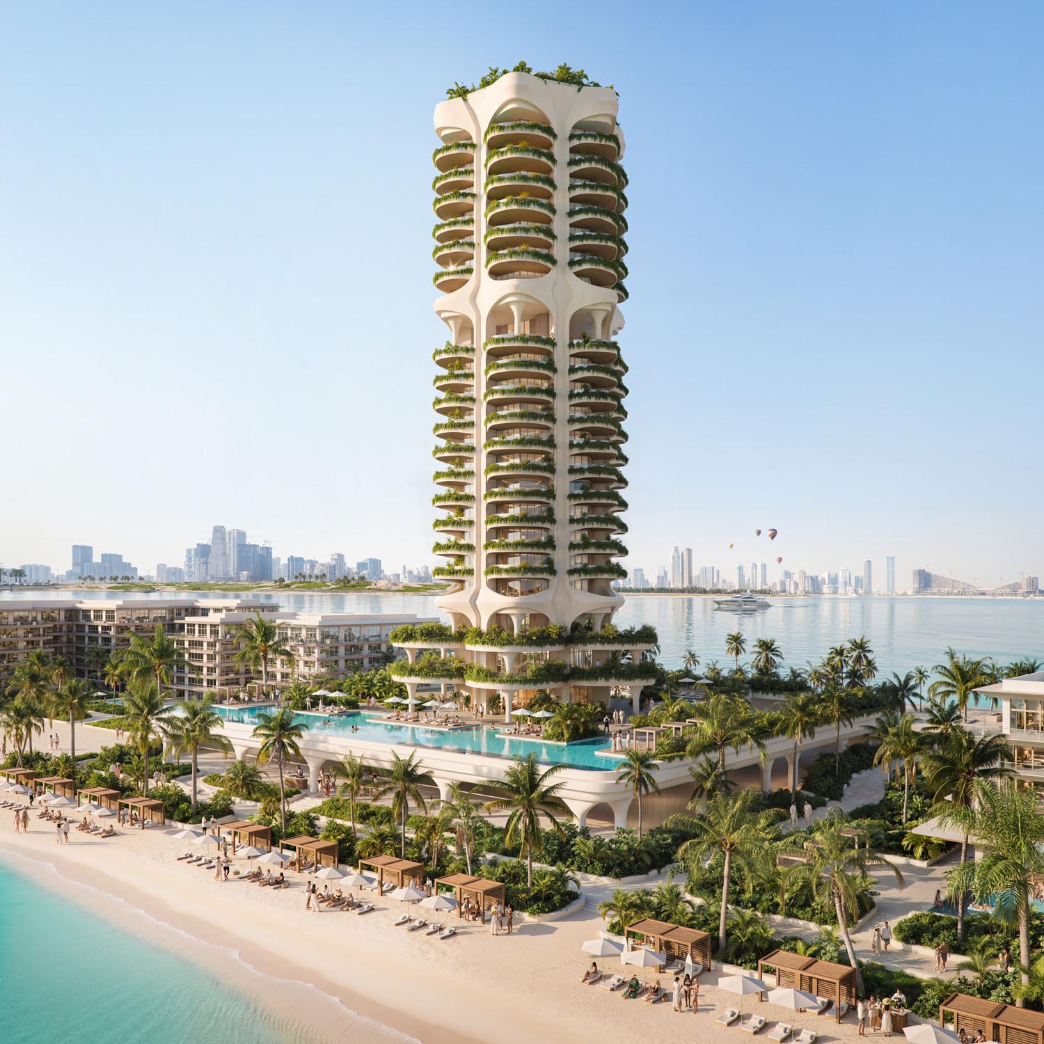 Luxury beachfront residential tower with curved planted balconies, surrounded by tropical landscaping, resort pools, and private beach cabanas.