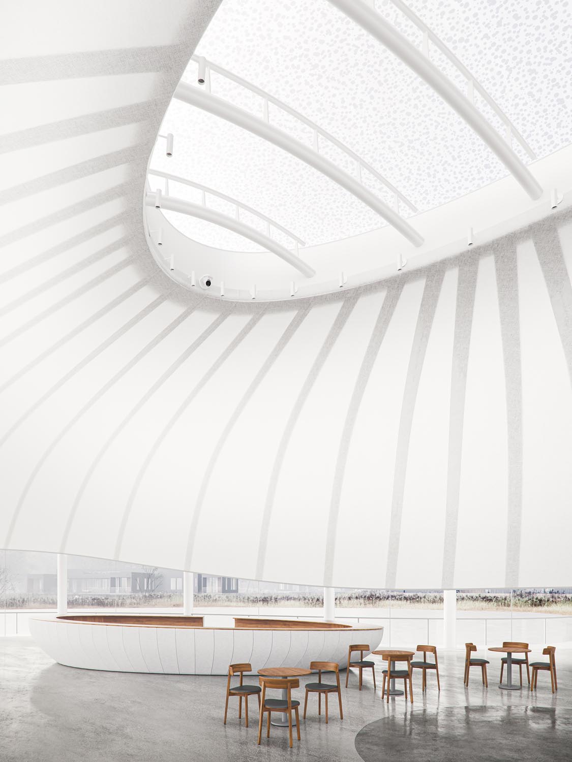 Bright modern interior with curved white ceiling, circular seating, and wooden tables with chairs.