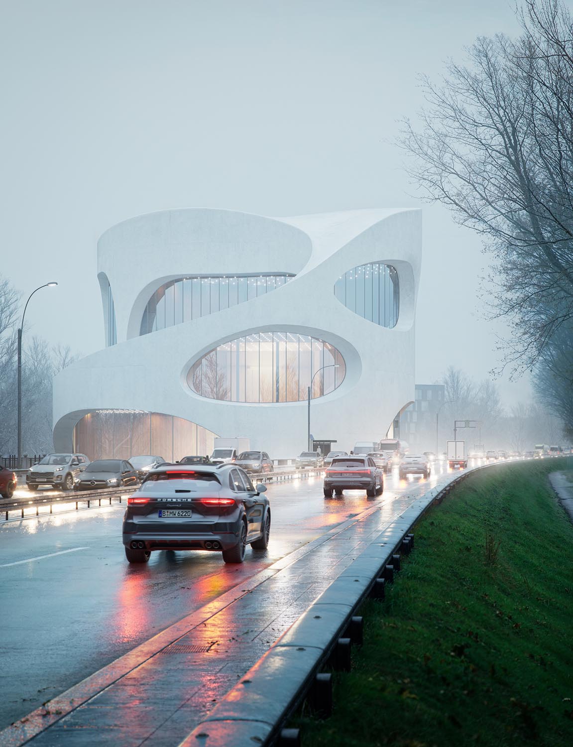 Cars driving along a wet, tree-lined road toward a futuristic white gateway in heavy rain and mist.