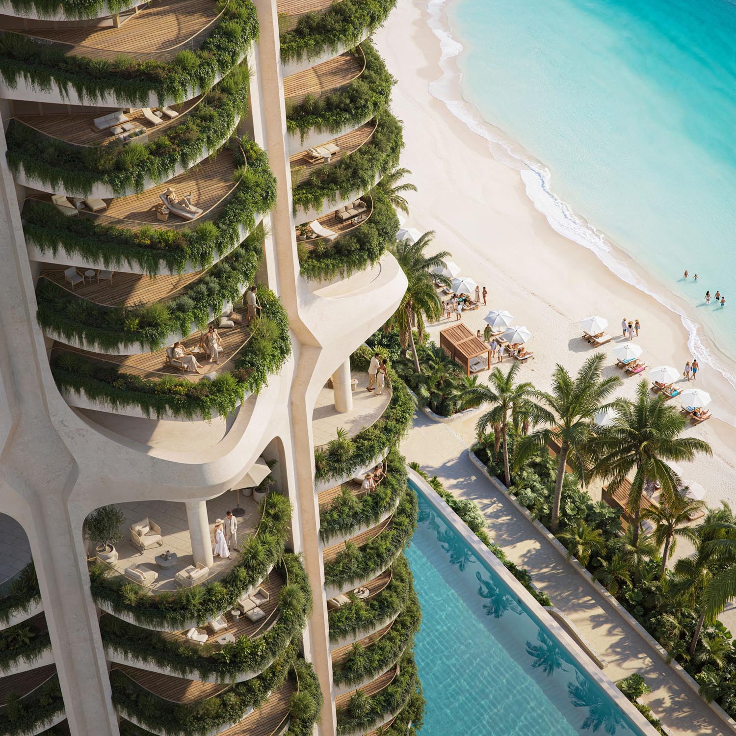 Aerial view of curved planted balconies overlooking an infinity pool, palm trees, and a turquoise beachfront.