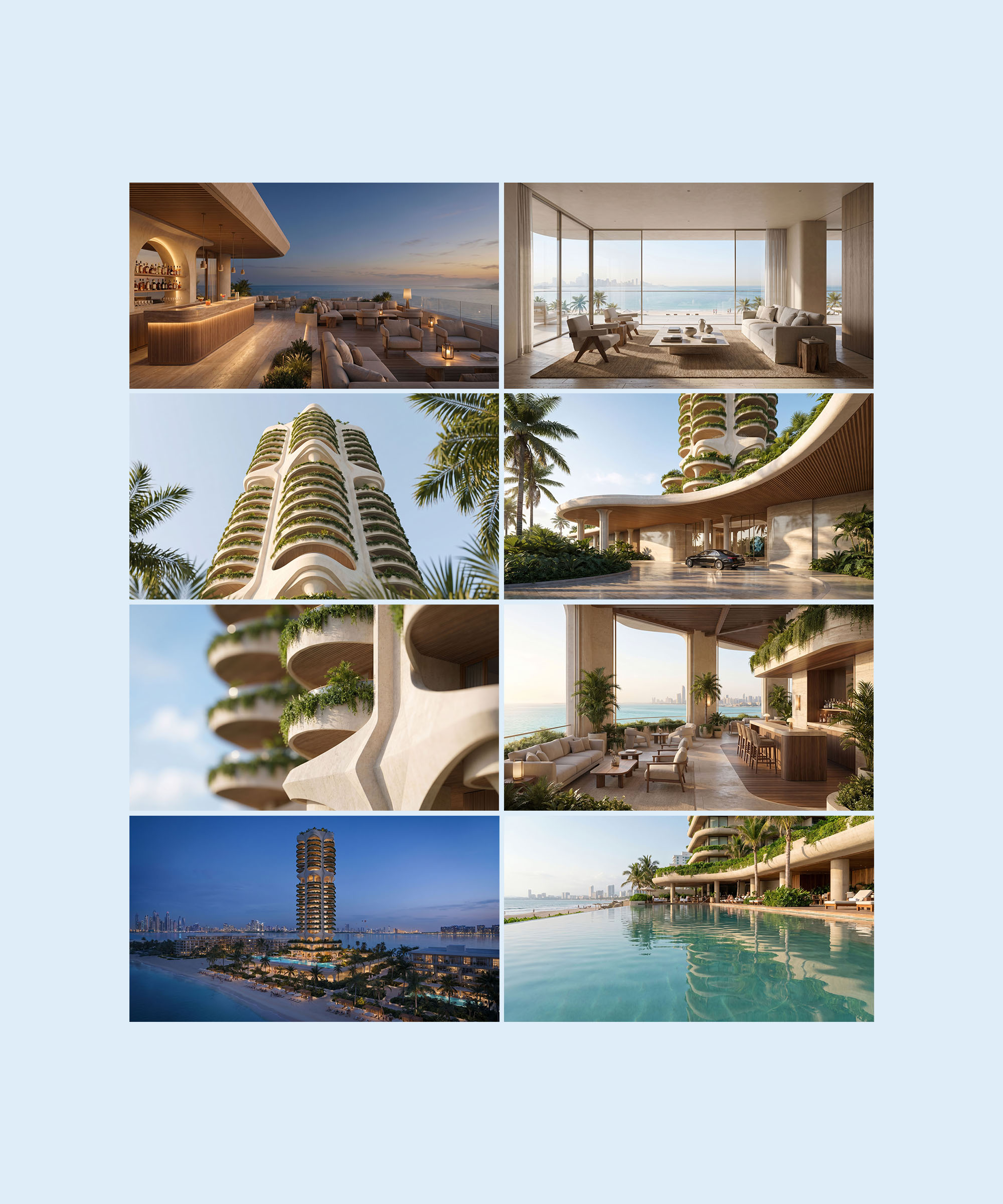 Collage of a luxury waterfront residential tower featuring curved planted balconies, a landscaped entrance, ocean-view terraces, and refined interiors.