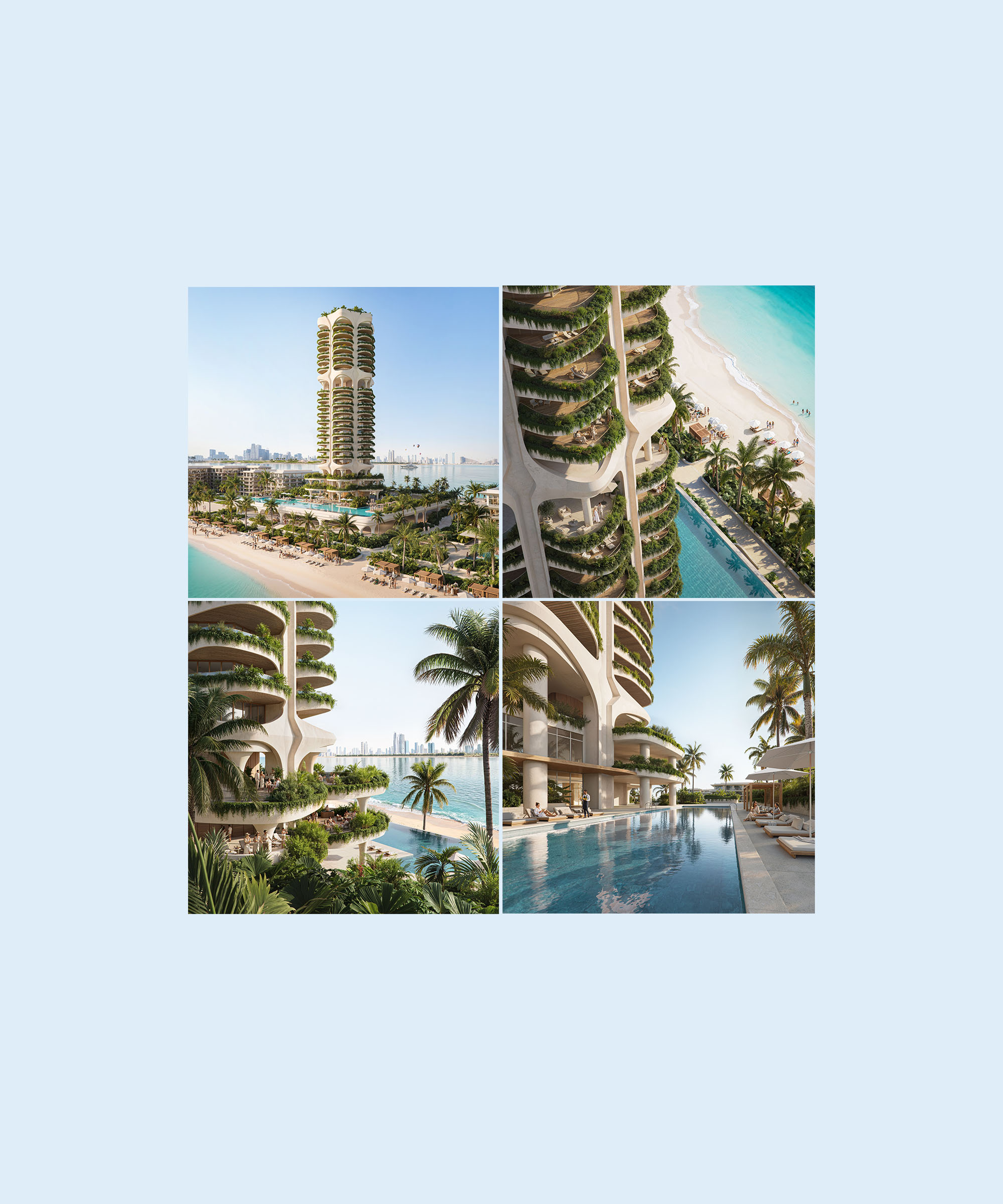 Collage of a tropical beachfront residential tower featuring planted balconies, ocean views, landscaped pools, and luxury outdoor amenities.