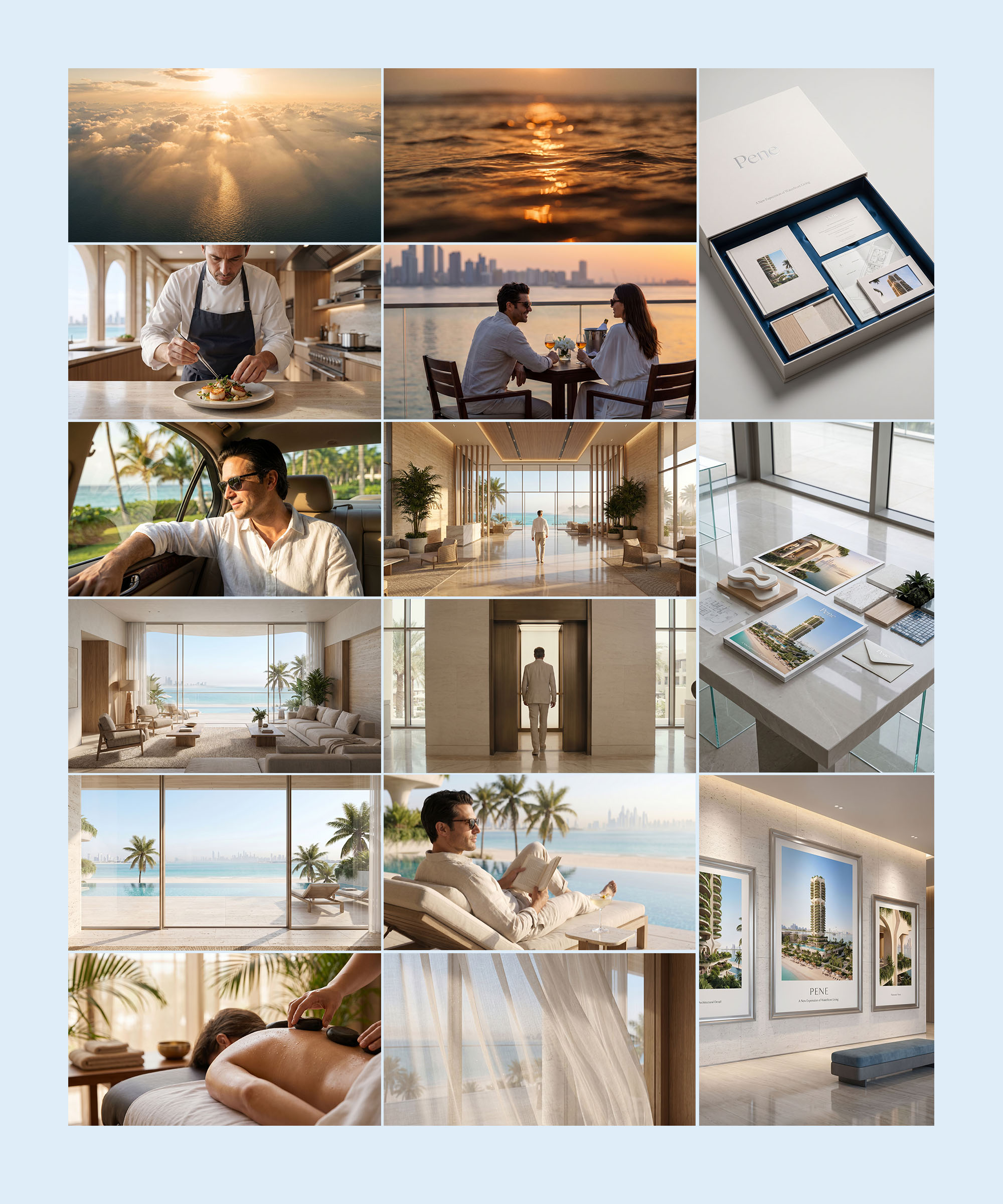 Collage showcasing luxury waterfront living through ocean-view interiors, fine dining, hospitality, and architectural details.