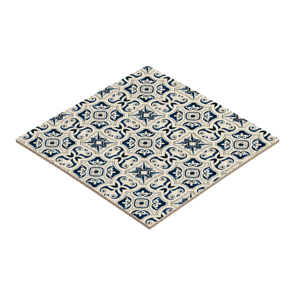 Carreau de faïence décoré à motifs bleus et écrus