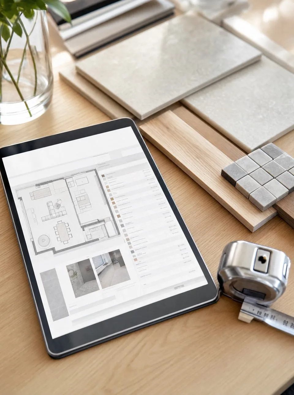 Tablette affichant un plan et un devis détaillé, entourée d'échantillons de carrelage et d'un mètre ruban
