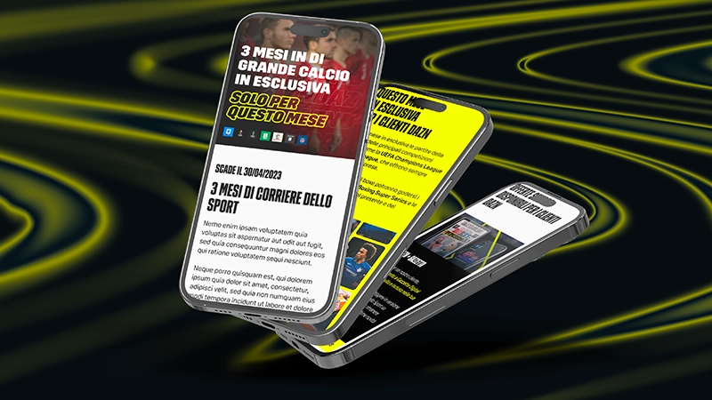 Tre smartphone mostrano un'offerta promozionale per 3 mesi di calcio e Corriere dello Sport.