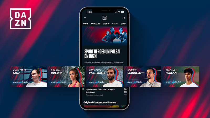 Smartphone con la sezione Sport Heroes UnipolSai su DAZN e i profili degli atleti.