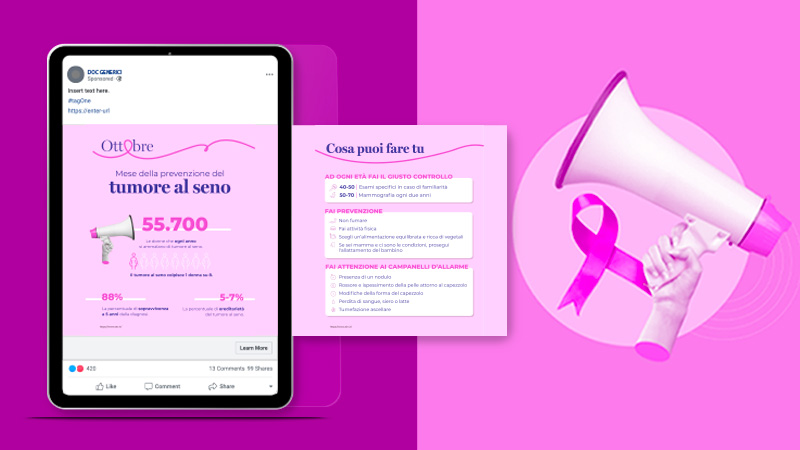 Campagna digitale per il mese della prevenzione del tumore al seno con megafono rosa e nastro simbolo.