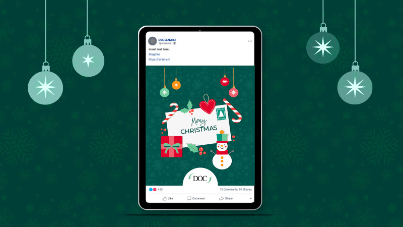 Schermo di un tablet con un post natalizio: pupazzo di neve, regalo, bastoncini di zucchero e la scritta Merry Christmas.