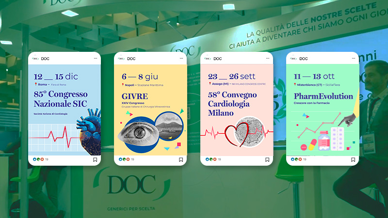 Quattro locandine di eventi: Congresso Nazionale SIC, congresso GIVRE, Convegno di Cardiologia a Milano e PharmEvolution.
