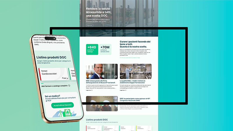 Sito web DOC con elenco dei prodotti farmaceutici e versione mobile con l'accesso riservato ai medici.
