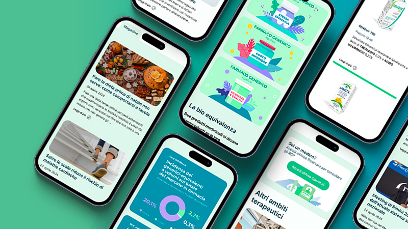 Smartphone che mostrano schermate di app mediche e farmaceutiche su sfondo verde.