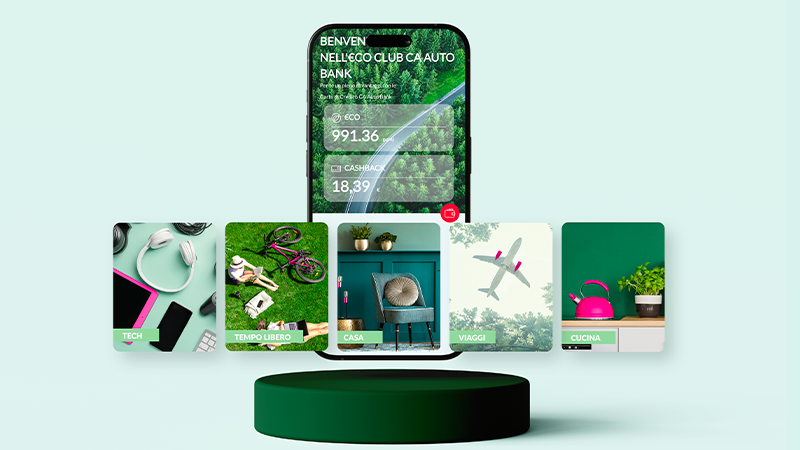 Smartphone con l'app €co Club che mostra saldo e cashback, circondato da card di categoria: tech, tempo libero, casa, viaggi, cucina.