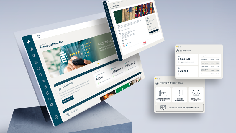Schermate di un sito FederlegnoArredo che mostrano dati, valori e opzioni di formazione e consulenza.