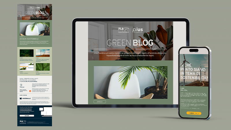 Schermate di blog green su portatile e smartphone che promuovono design e sostenibilità.