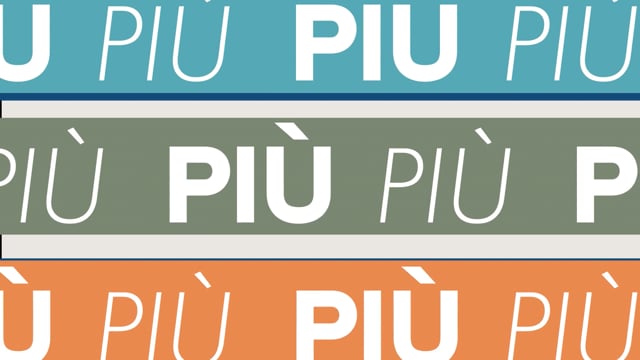 Ripetizione della parola PIÙ in maiuscolo e corsivo su strisce orizzontali blu, verde e arancione.