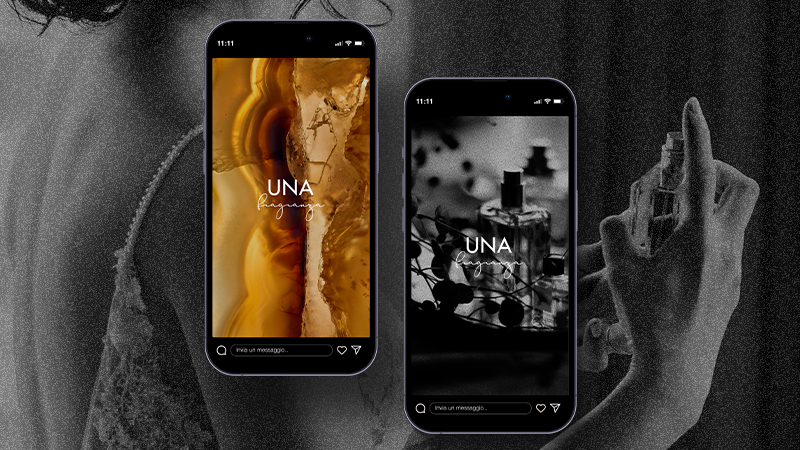 Due smartphone mostrano schermate con logo UNA fragrances, mano spruzza profumo sullo sfondo in bianco e nero.