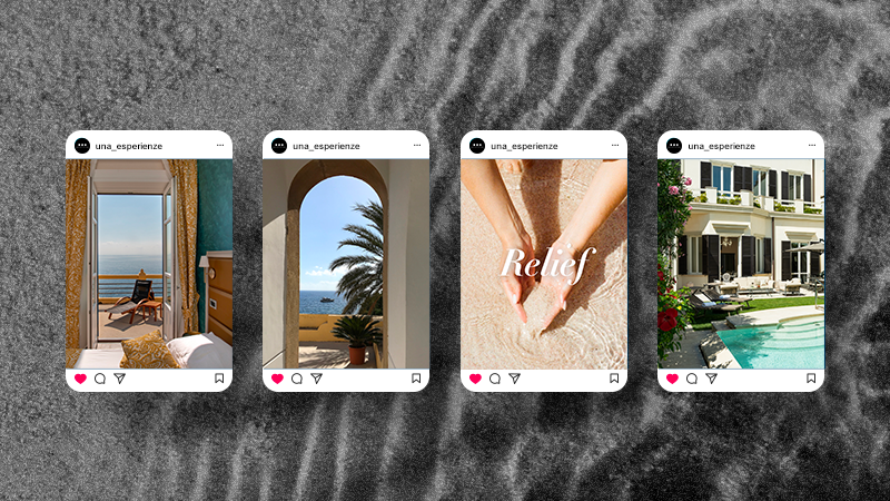 Quattro immagini Instagram che mostrano viste di mare, archi, mani in acqua con scritta Relief e piscina davanti a villa.