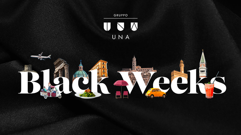 Logo Gruppo UNA sopra la scritta Black Weeks con monumenti, cibo e veicoli italiani su sfondo nero.