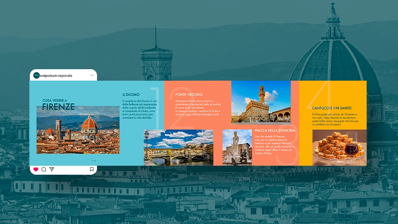 Panoramica di Firenze con descrizioni di Duomo, Ponte Vecchio, Piazza della Signoria e cantucci con vino santo.