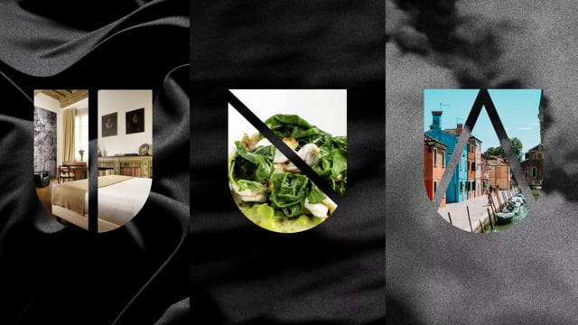 Tre forme a scudo con immagini di una camera d'albergo, un'insalata e case colorate su un canale, su fondo scuro.