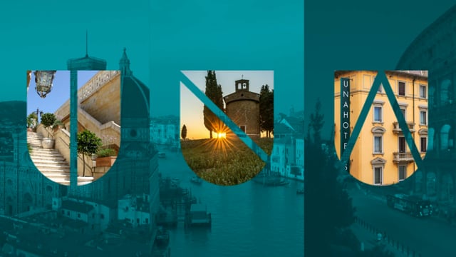 Tre scudi con immagini di paesaggi e architettura italiani sovrapposti a una città sul canale.