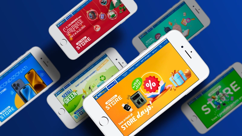 Sette smartphone con diverse schermate di promozioni e offerte WinDay Store su sfondo blu.
