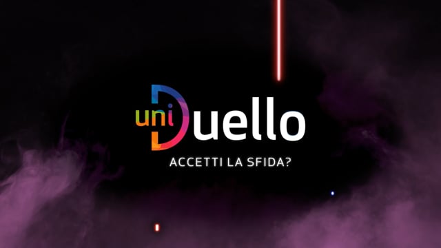 Scritta uniDuello su sfondo scuro con la frase Accetti la sfida? al centro.