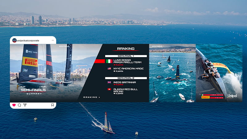 Classifica delle semifinali di vela con bandiere e nomi delle squadre sullo sfondo di una città costiera.