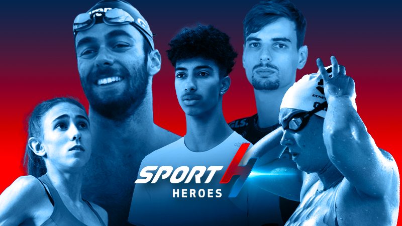 Cinque atleti di sport diversi con il logo Sport Heroes su sfondo sfumato blu e rosso.
