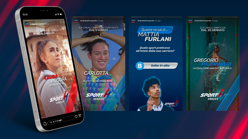 Quattro post di sportivi italiani con nomi e sport praticati, su sfondo blu e rosso, per Sport Heroes.