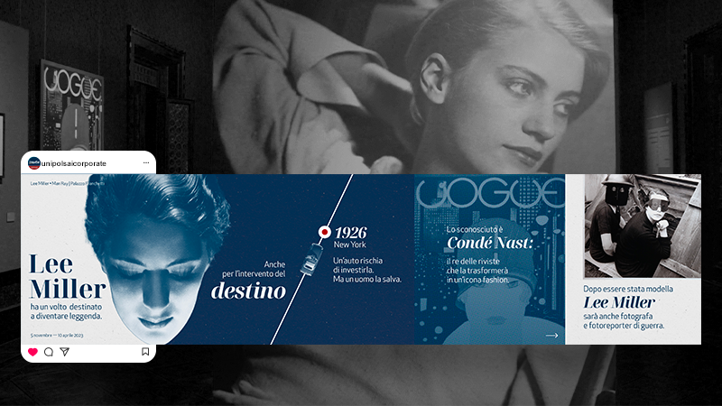 Ritratto in bianco e nero di Lee Miller con timeline della sua vita e carriera fotografica e fashion.
