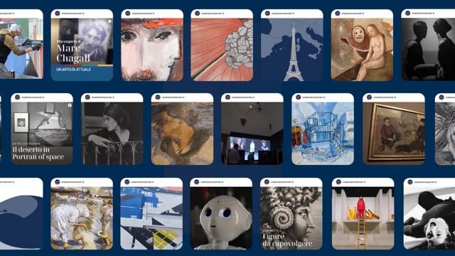 Collage di venti post Instagram di arte e cultura su sfondo blu scuro.
