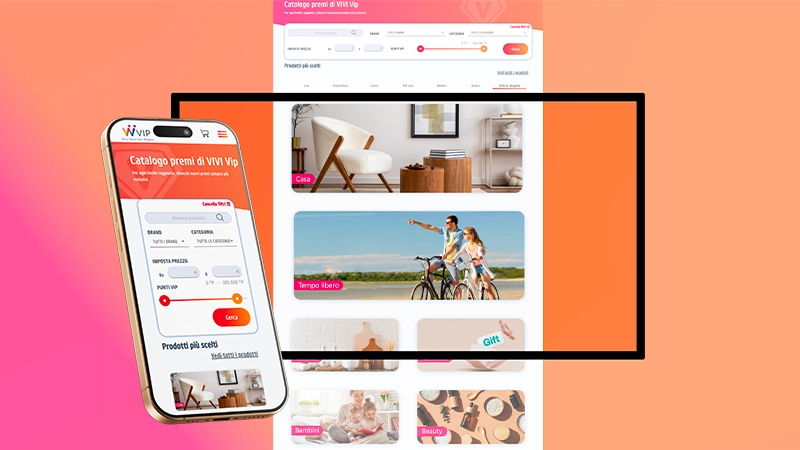 Interfaccia catalogo premi di VIVI Vip con ricerca, categorie e selezione premi su smartphone e computer.