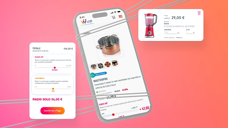Schermata di shopping online con utensili da cucina e carrello, pagamenti e punti VIP su smartphone.