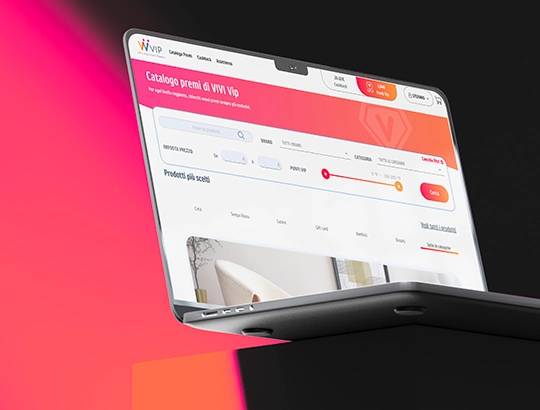 Schermo di un portatile con il catalogo premi di VIVI Vip, filtri di ricerca ed elenco dei prodotti.