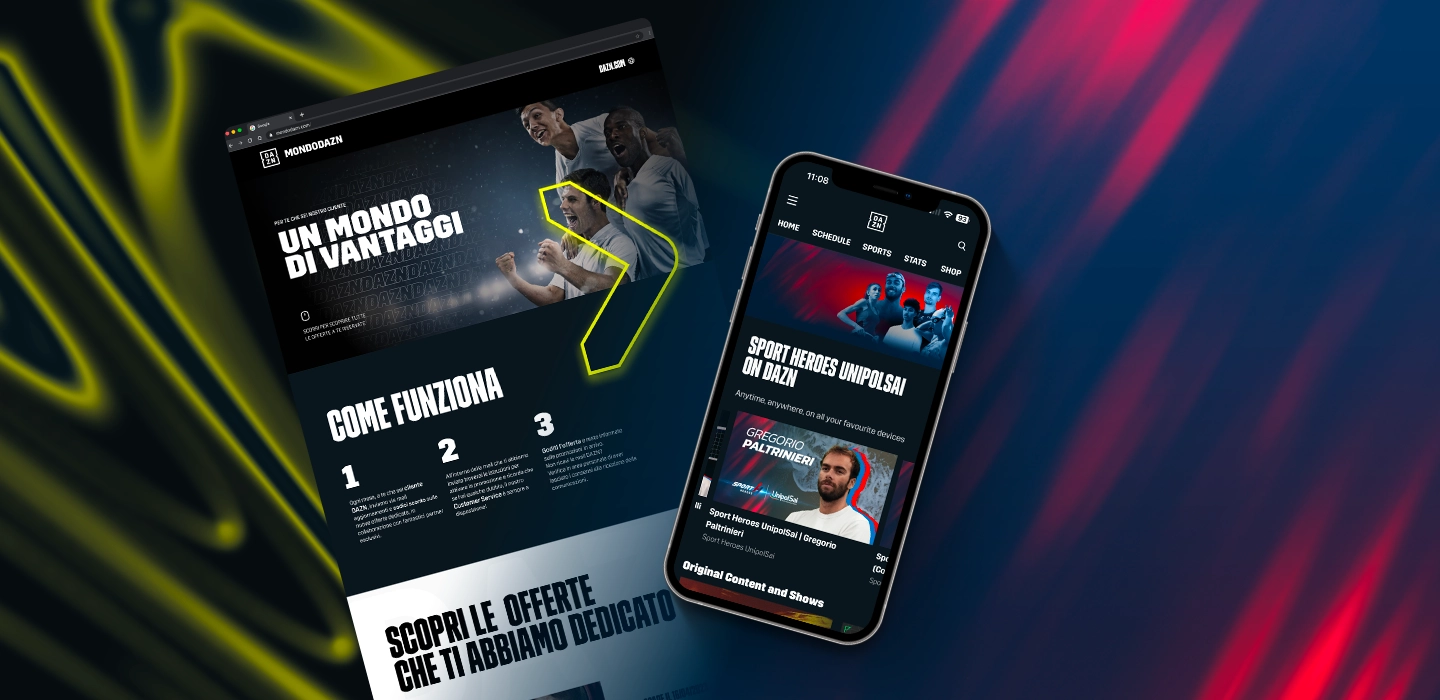 Schermate di un sito e di un'app DAZN che mostrano vantaggi, funzionamento e contenuti sportivi.