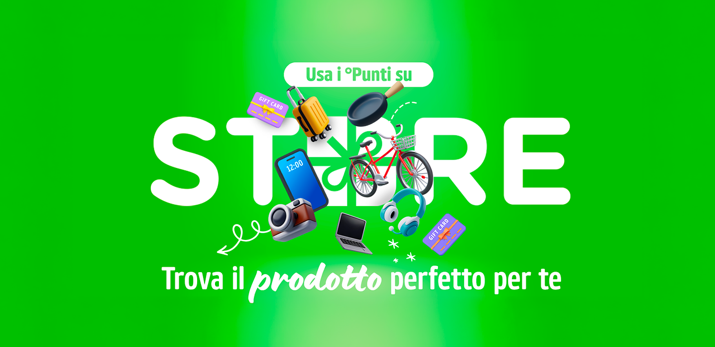 Sfondo verde con testo Usa i Punti su STORE e immagini di prodotti come bici e cuffie.