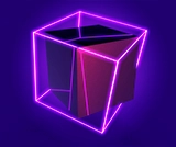 Cubo trasparente con linee al neon viola e rosa su sfondo scuro.