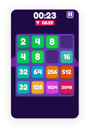 Schermata di gioco 2048 con tessere numerate da 2 a 2048 in colori diversi e timer in alto.