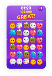 Schermata di un gioco con animali colorati a forma di cerchio e il punteggio 123.000 con tempo 1:23.