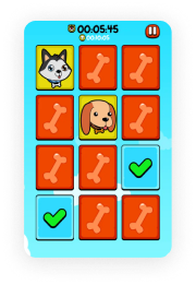 Schermo di gioco con griglia 4x4, icone di cani, ossa, e segni di spunta verdi su smartphone.