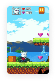 Gioco platform con personaggio gatto bianco che raccoglie gemme viola su paesaggio montano.