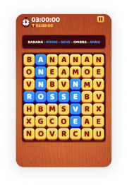 Schermata di gioco con griglia di lettere colorate e timer che mostra 3 ore, 2 minuti e 58 secondi.