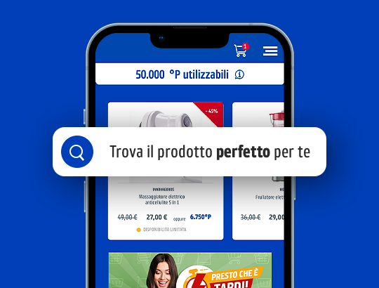 Schermo di smartphone con app shopping e barra di ricerca per trovare il prodotto perfetto.