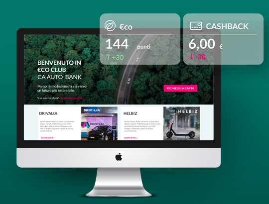 Schermo con benvenuto a Eco Club CA Auto Bank e punteggio eco di 144 punti con cashback di 6 euro.