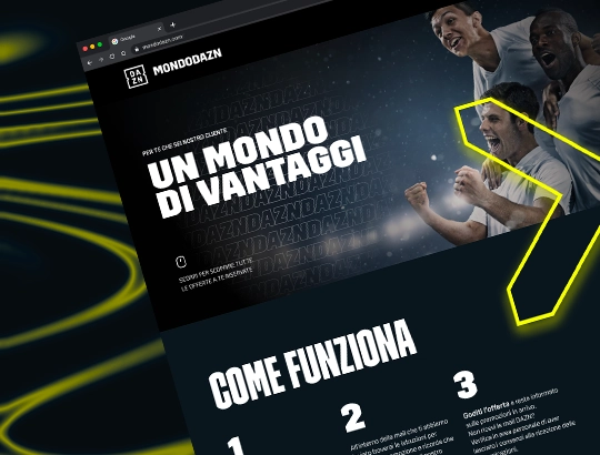 Schermata di MONDODAZN con titolo un mondo di vantaggi e sezione come funziona in italiano.