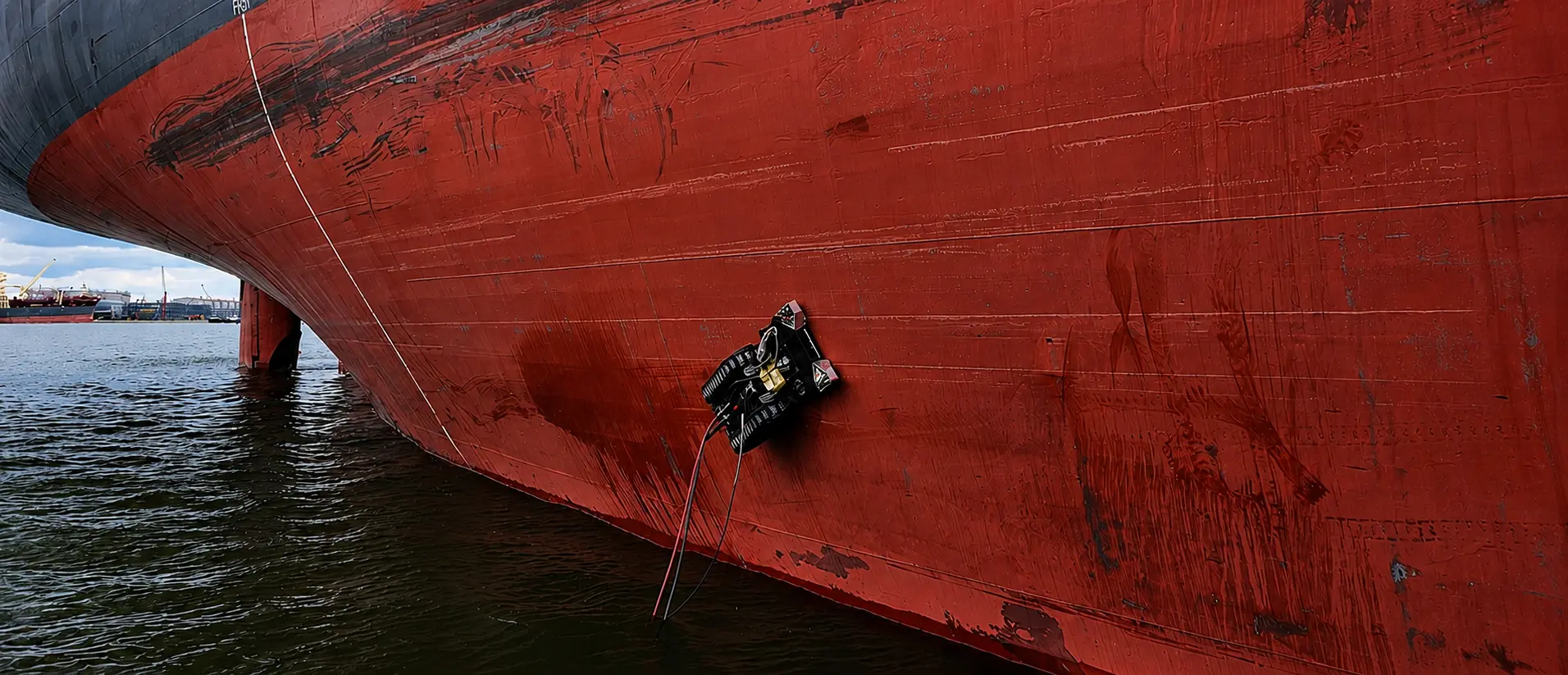 Robotic hull cleaning unit working on the red hull of a vessel afloat