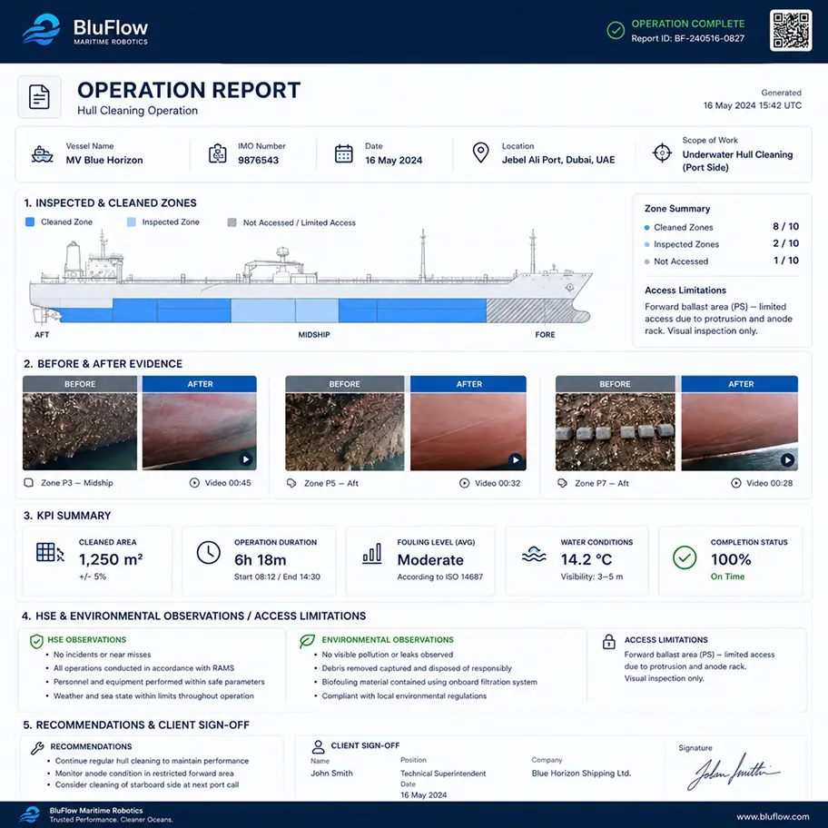 BluFlow inspection report showing a vessel zone map and before and after cleaning evidence