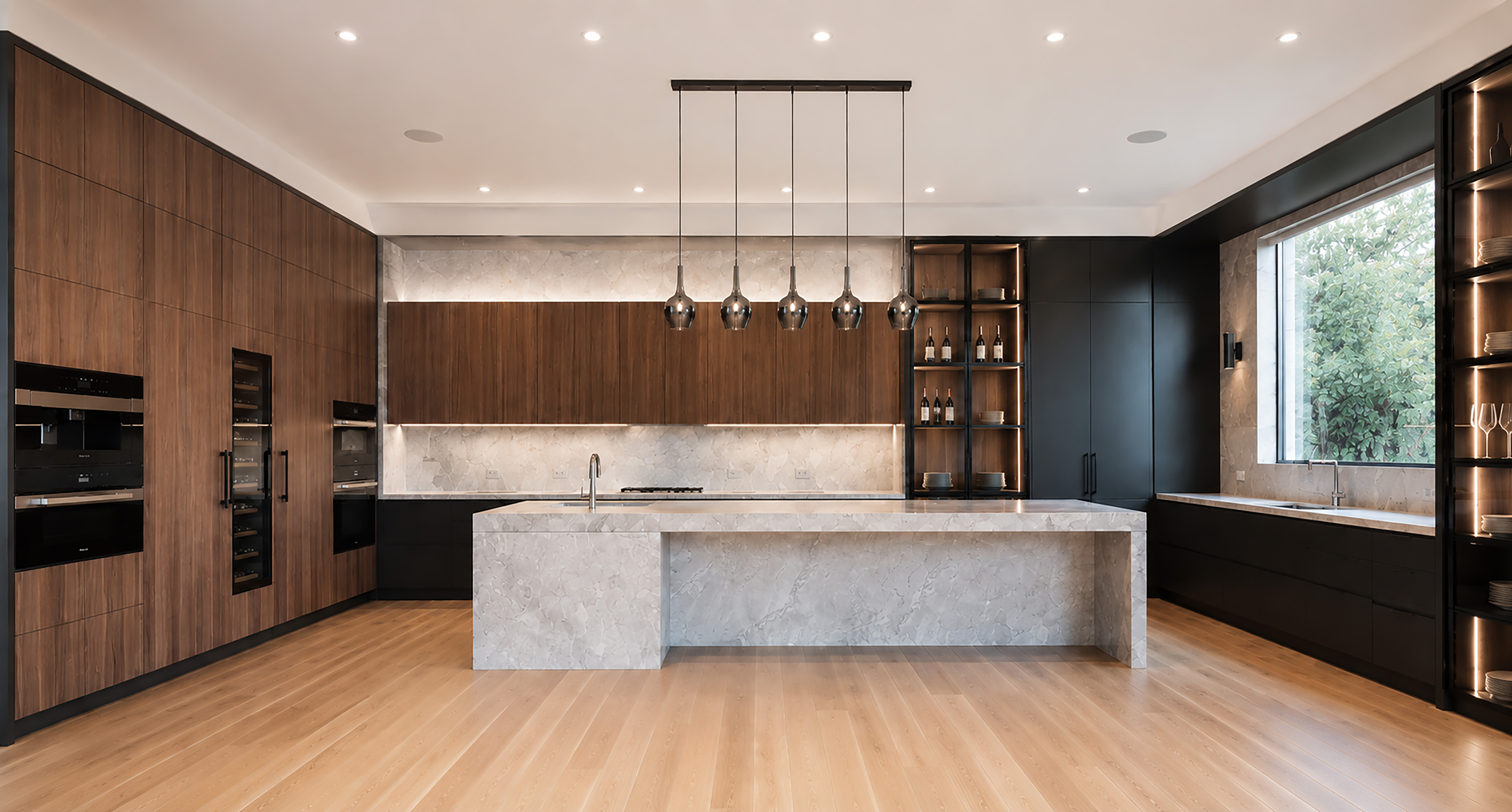 Spacious modern kitchen with dark cabinetry, stone island, and pendant lighting